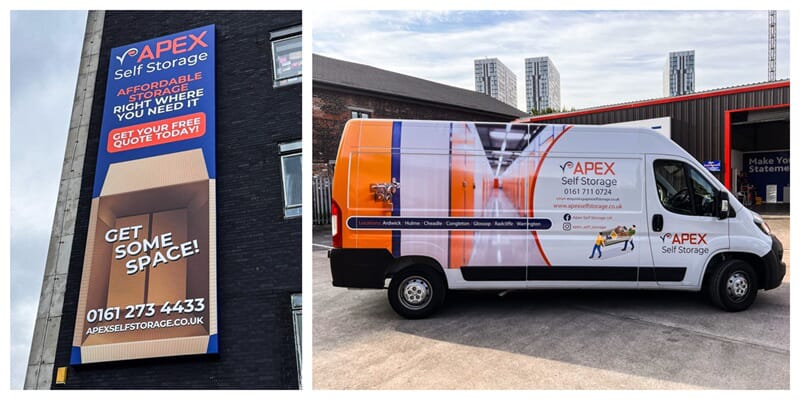 A collage showing the Apex building signage and van wrap.